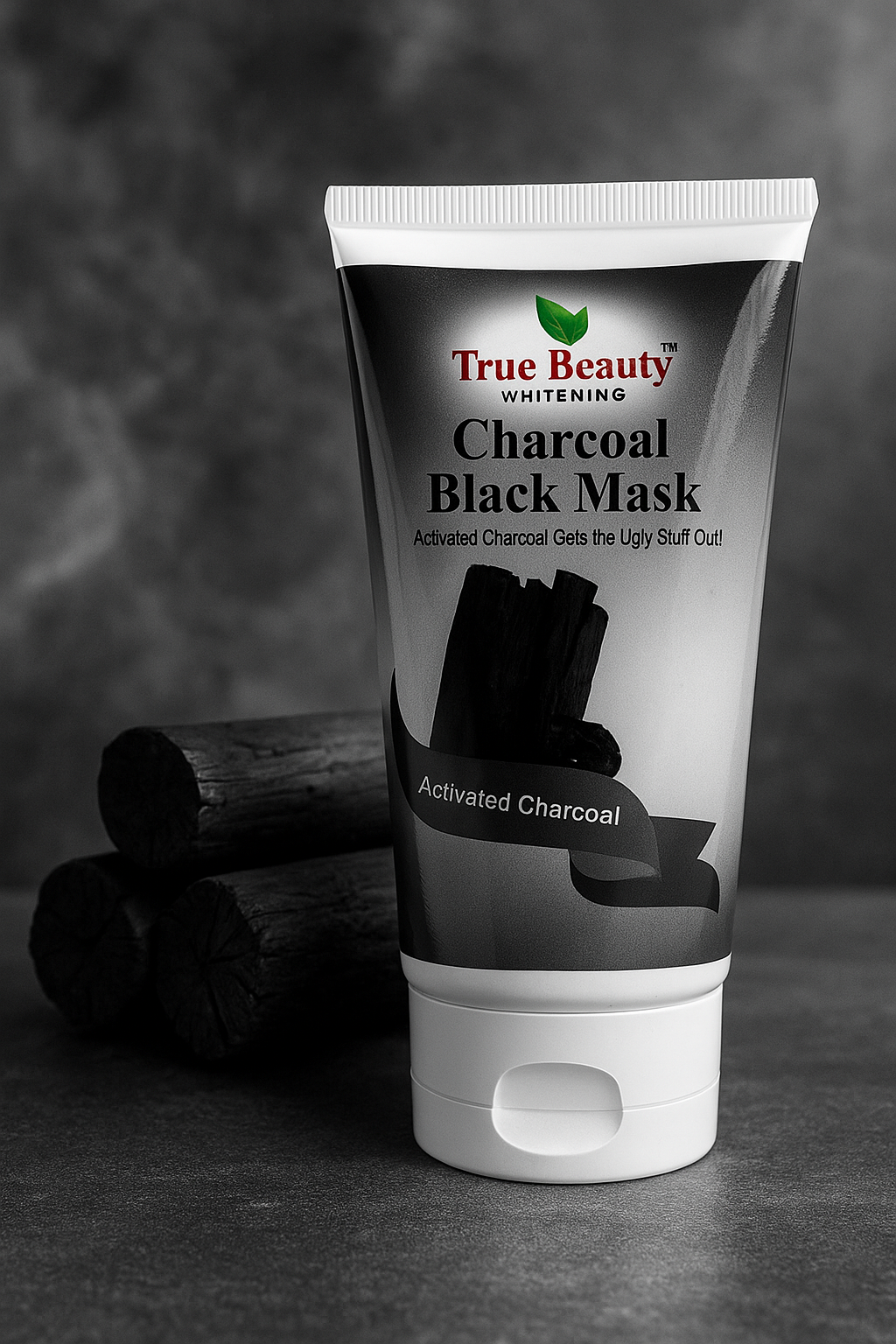 Tube of True Beauty Charcoal Black Mask on a dark background