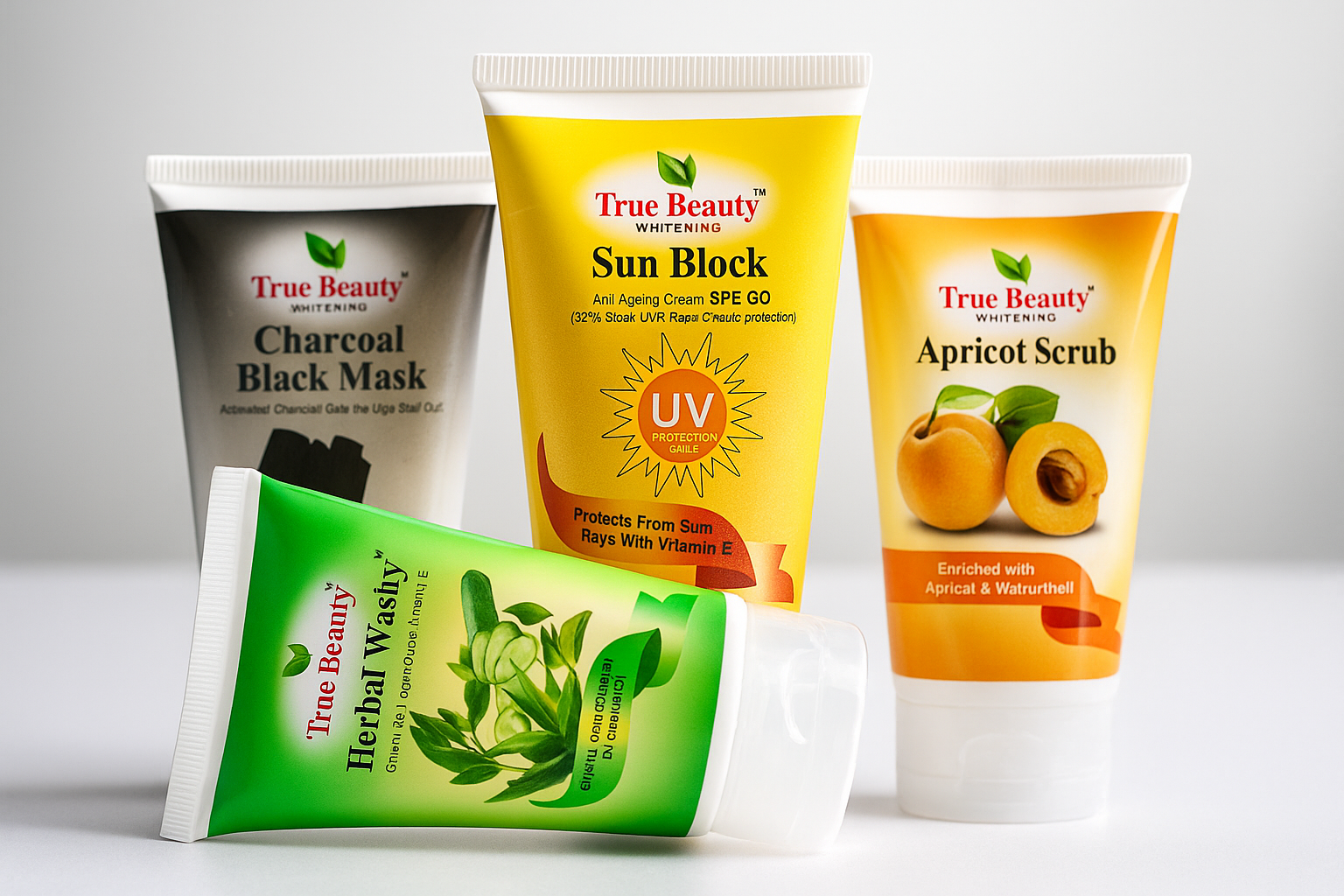 Collection of True Beauty skincare products including a black mask, sun block, apricot scrub, and herbal wash on a white background.