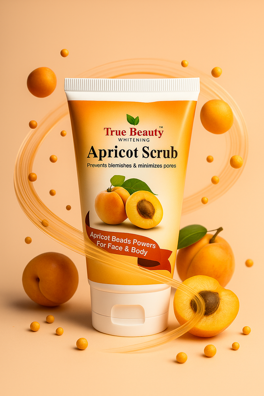 Tube of True Beauty Apricot Scrub with apricots on a beige background