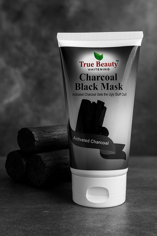 Tube of True Beauty Charcoal Black Mask on a dark background