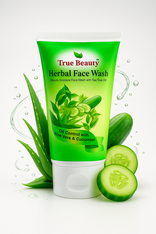 Green tube of True Beauty Herbal Face Wash with aloe vera and cucumber slices on a white background