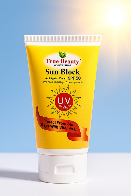 Tube of True Beauty Sun Block cream on a light background
